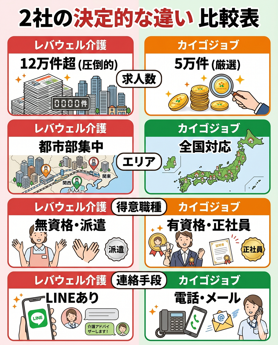 カイゴジョブとレバウェル介護の6項目比較。求人数、対応エリア、得意職種、連絡手段の違いを整理