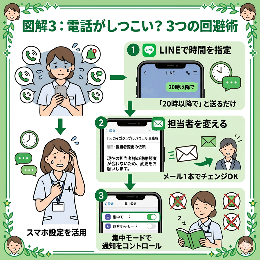 介護転職エージェントのしつこい連絡を回避する3つの方法。LINE時間指定、担当者変更、通知設定の活用