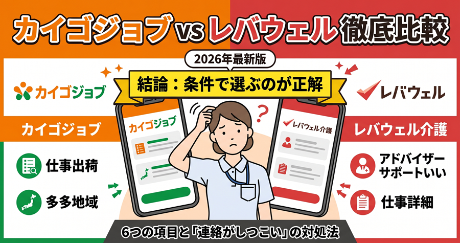カイゴジョブとレバウェルの選び方判定図。首都圏・無資格ならレバウェル、地方・有資格ならカイゴジョブ、併用がおすすめ