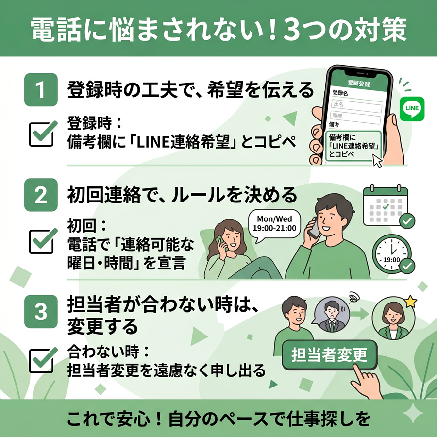 介護転職エージェントの電話対策3ステップ。LINE希望の伝え方や連絡時間の指定、担当者変更の活用方法
