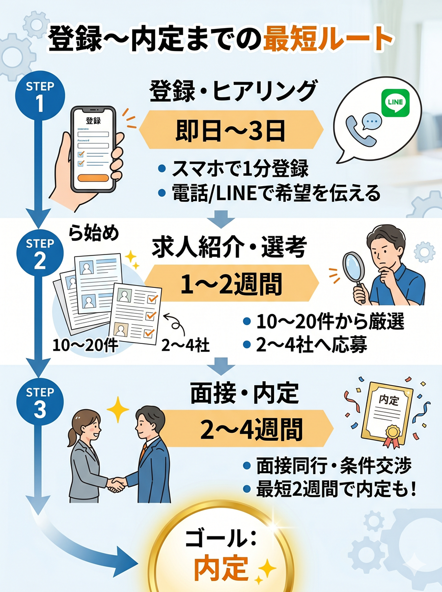 介護転職エージェント利用の流れ。登録からヒアリング、求人紹介、面接、内定までの期間と各ステップの内容